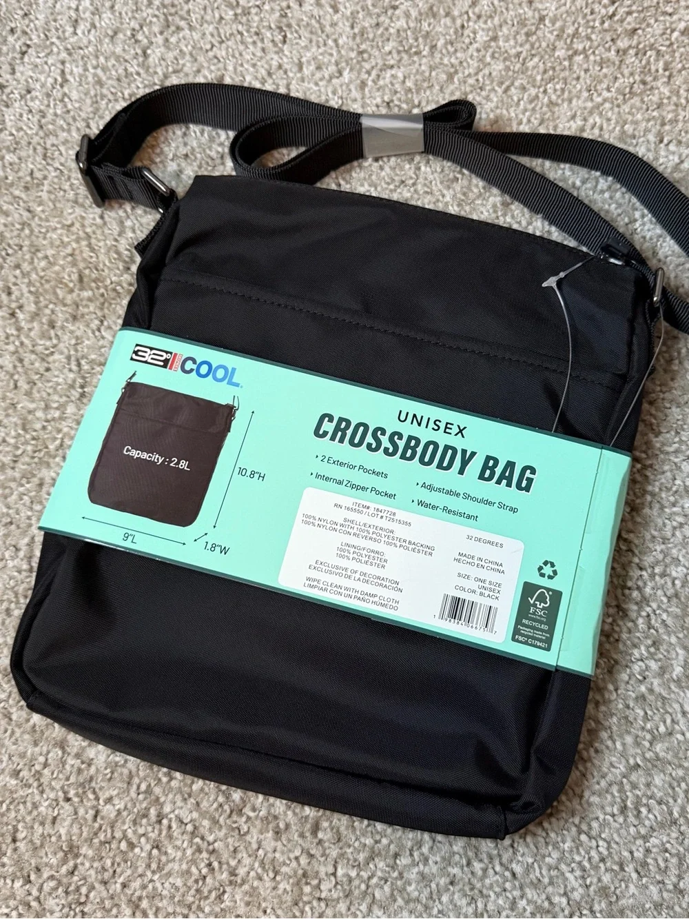 32 Degrees Cool Unisex Crossbody Bag Black Water Resistant NWT